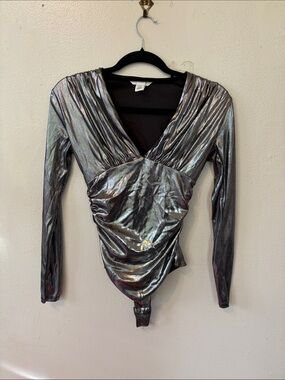 H&M Metallic Silver Iridescent Wrap Bodysuit - Long Sleeve